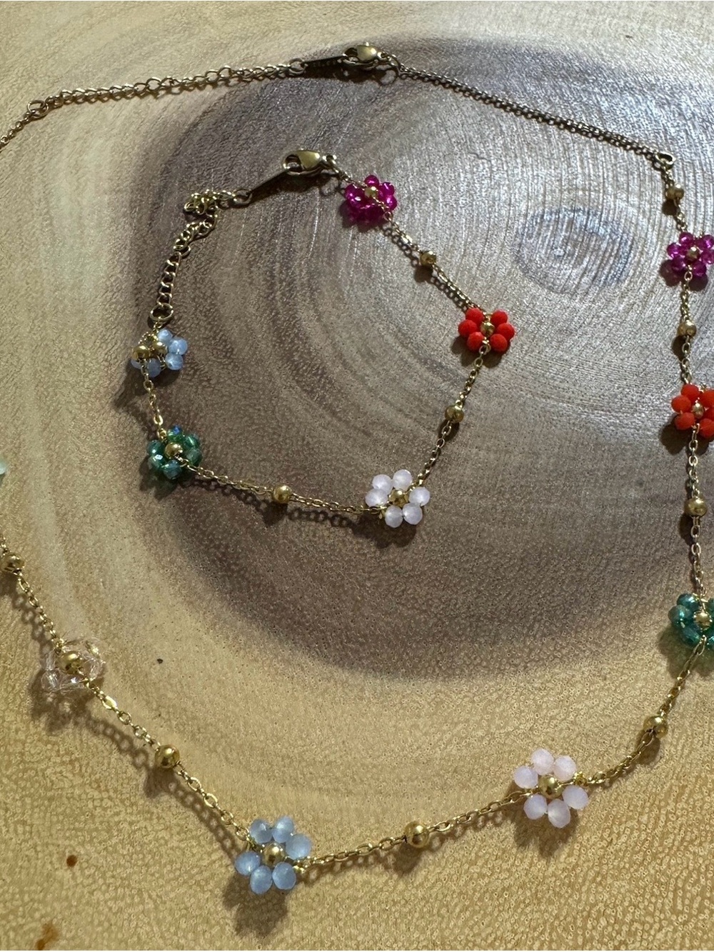 Delicate Multi-Color Flower Station Necklace and Bracelet Set - Gold Chain